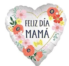 Heart-shaped silver foil balloon with colorful flowers and "Feliz Día Mamá" text in navy blue.