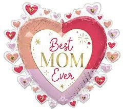 Heart-shaped foil balloon with pink, red, and rose gold sections, surrounded by small hearts, featuring "Best Mom Ever" text