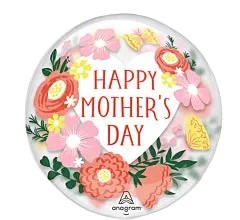 Clear round balloon with pink and orange floral designs and yellow butterflies, "Happy Mother's Day" text in the center.