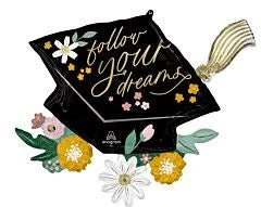 Black foil balloon shaped like a graduation cap with gold "Follow Your Dreams" text, floral accents, and tassel detail.