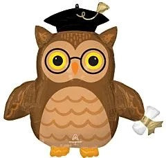 30-inch brown foil owl balloon wearing a black graduation cap and holding a diploma scroll.