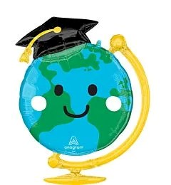 29-inch round foil balloon shaped like a smiling globe wearing a black graduation cap with a yellow tassel, mounted on a.
