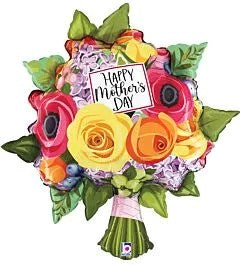 Colorful foil balloon shaped like a vibrant Mother’s Day flower bouquet with yellow, orange, and pink blooms and a "Happy.