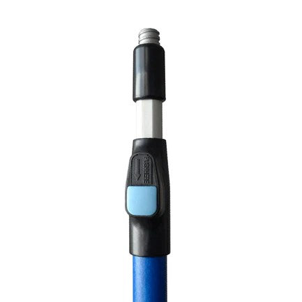 Blue extendable pole with black handle and light blue one-button release mechanism.