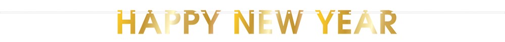 Gold foil letter banner spelling "HAPPY NEW YEAR" with a shiny finish on white background.