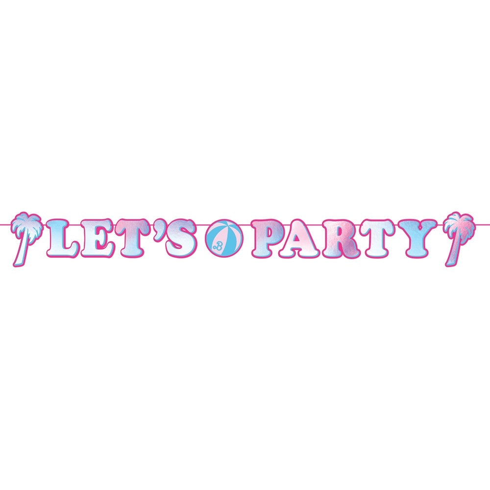 Colorful letter banner spelling "LET'S PARTY" in pink with blue outlines, featuring palm tree and sun icons.