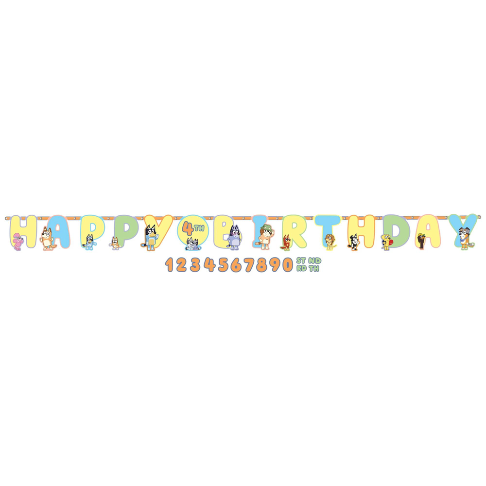 Bluey-themed jumbo letter banner spelling "Happy Birthday" in pastel colors with character illustrations, plus colorful.