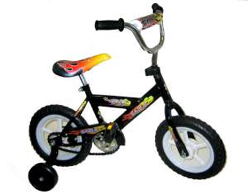 Black children's BMX bike with yellow and red padded seat, white training wheels, and colorful frame stickers.