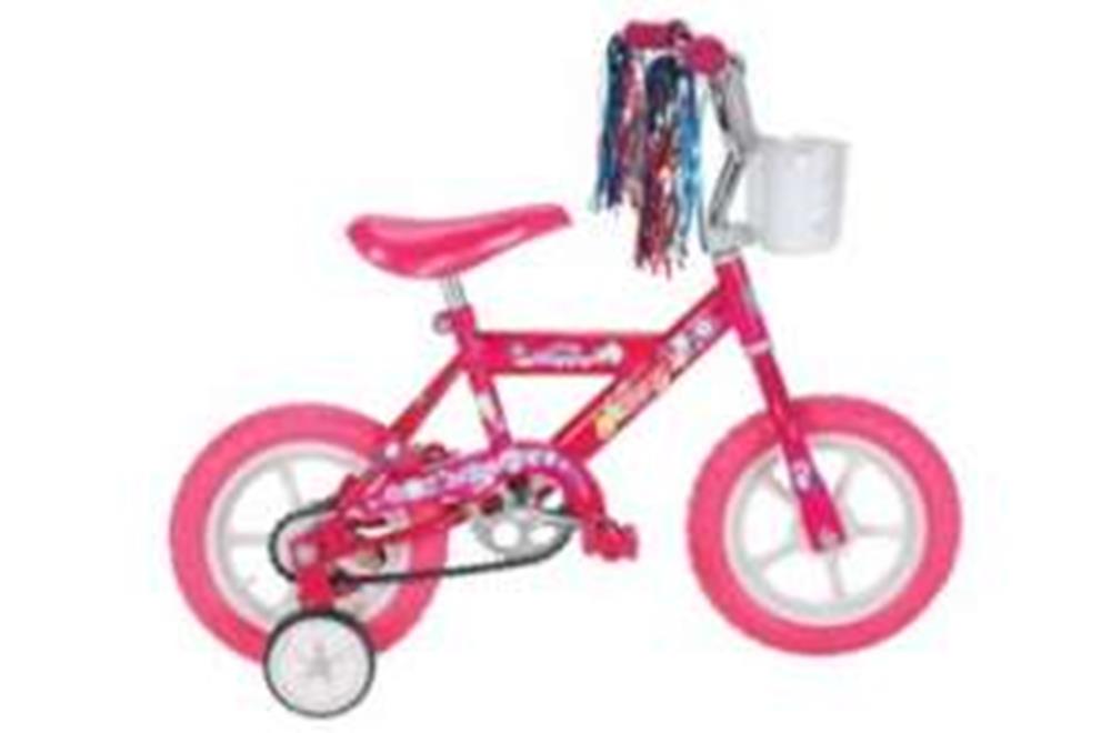 Pink 12-inch BMX kids bike with training wheels, white basket, colorful handlebar streamers, and padded seat.