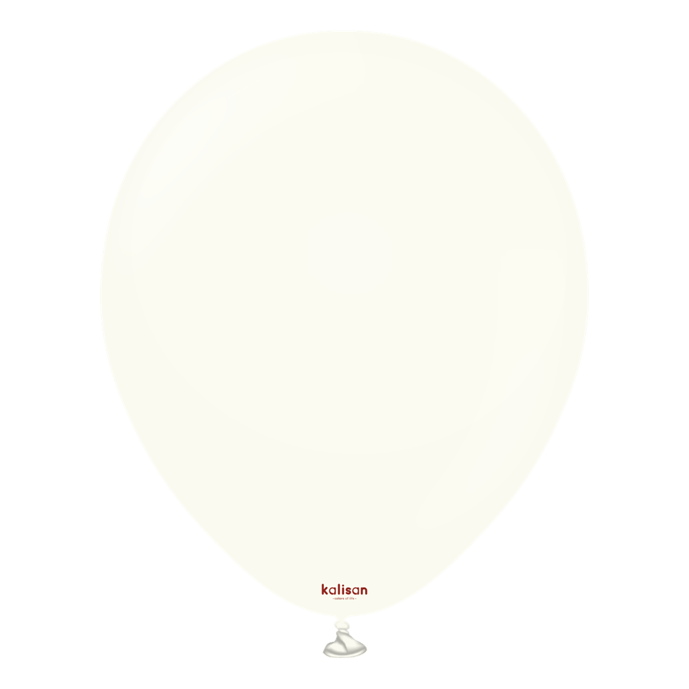 Large white latex balloon with a round shape and a small red Kalisan logo near the tied end.