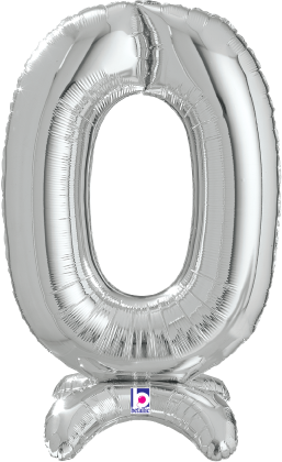 Silver foil balloon shaped as the number 0 with a small base for standing, 25 inches tall.