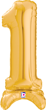 Gold foil balloon shaped like the number 1, air-filled, 25 inches tall, with sealed edges.