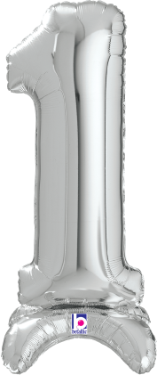 Silver foil balloon shaped like the number 1, 25 inches tall, inflated and reflective.