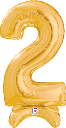Gold foil balloon shaped as the number 2, 25-inch tall, with a glossy finish and visible air seams.