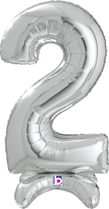 Silver foil balloon shaped as the number 2, 25 inches tall, inflated and glossy.