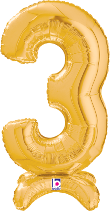 Gold foil balloon shaped like the number 3 with a built-in stand, 25 inches tall.