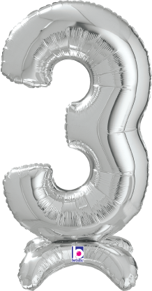 Silver foil balloon shaped like the number 3, 25 inches tall with a self-supporting base.