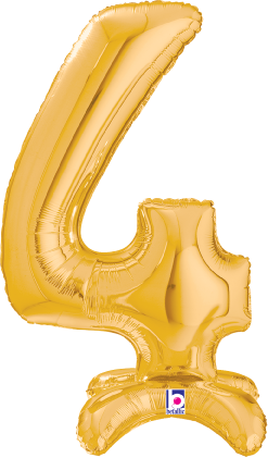 Gold foil balloon shaped like the number 4, air-filled and standing upright, 25 inches tall.