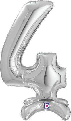 Silver foil balloon shaped as the number 4 with a curved base for standing, 25 inches tall.