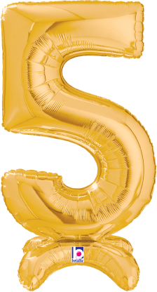 Gold foil foil balloon shaped as the number 5 with a stand-up base, 25 inches tall.