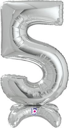 Silver foil balloon shaped like the number 5 with a self-supporting base, 25 inches tall.