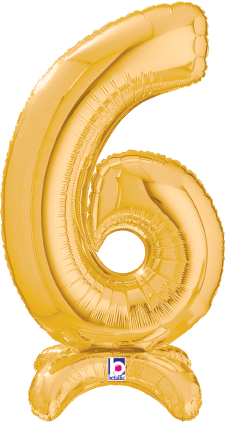 Gold foil balloon shaped as the number 6, 25 inches tall, air-filled with a self-sealing tab at the base.