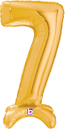 Gold foil balloon shaped as number 7, 25 inches, air-filled with a glossy finish.