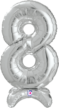 Silver foil balloon shaped as the number 8 with a shiny, reflective surface and a stand-up base.