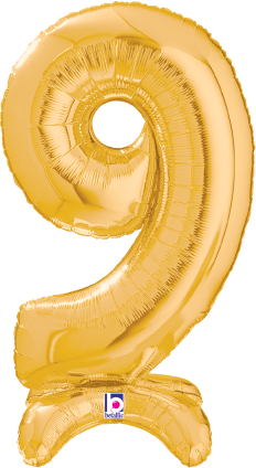 Gold foil balloon shaped as the number 9 with a shiny metallic finish and hollow center hole.