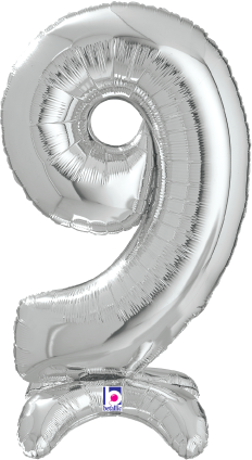 Silver foil balloon shaped as the number 9 with a 25-inch height and a shiny metallic finish.