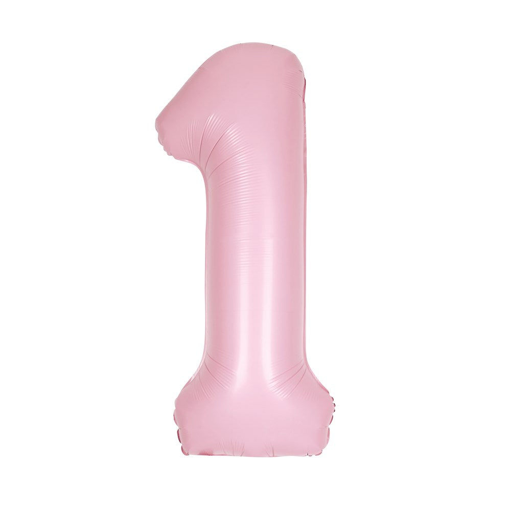 34-inch matte pastel pink foil balloon shaped like the number 1.