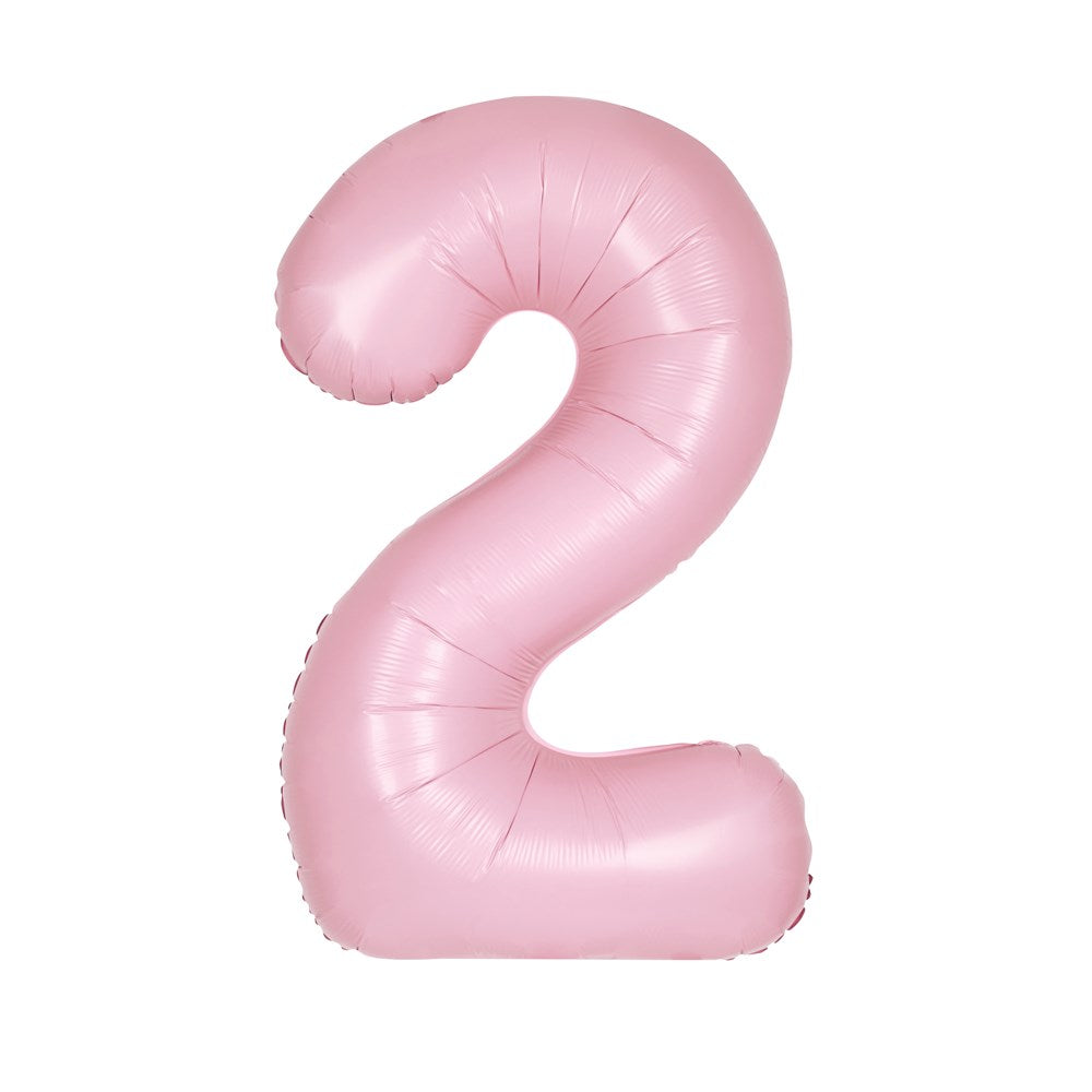 Matte pastel pink foil balloon shaped as the number 2, 34 inches tall, shiny finish.