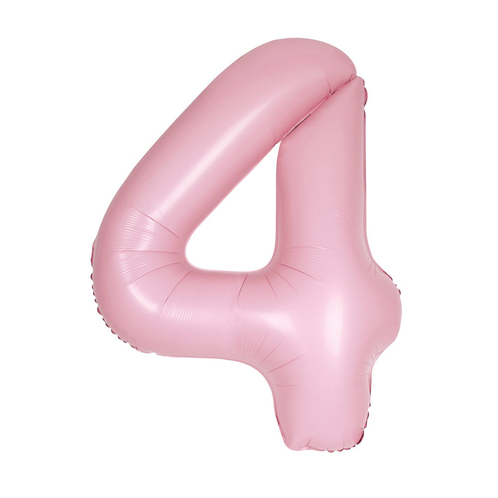 Matte pastel pink foil balloon shaped as number 4, 34-inch jumbo size.