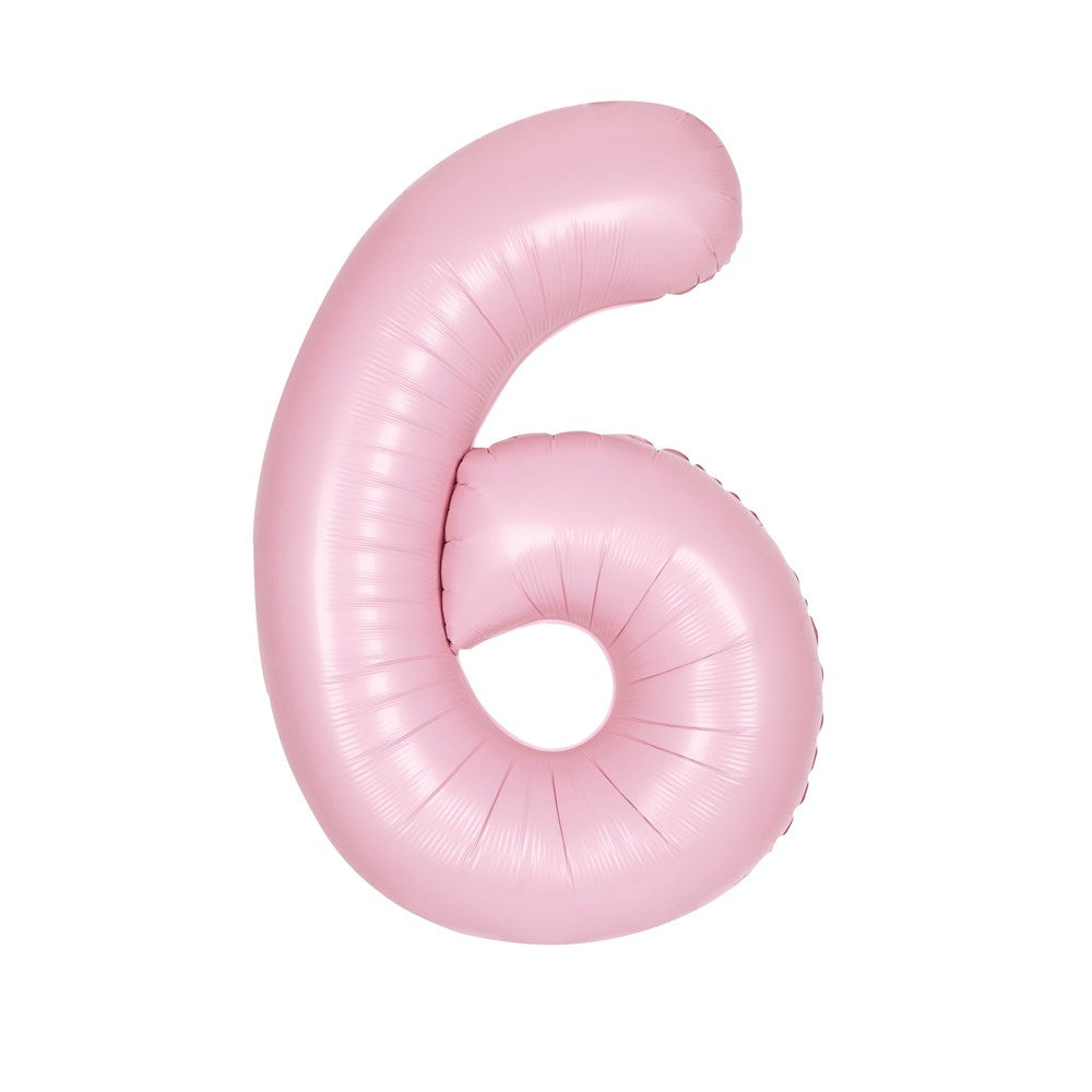 Matte pastel pink foil balloon shaped as the number 6, 34 inches tall.