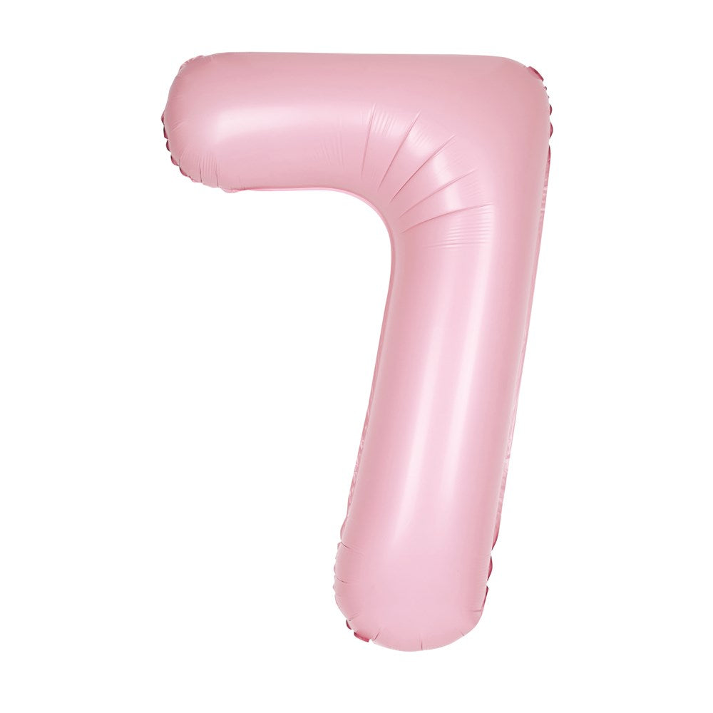 Matte pastel pink foil balloon shaped as the number 7, 34 inches tall.