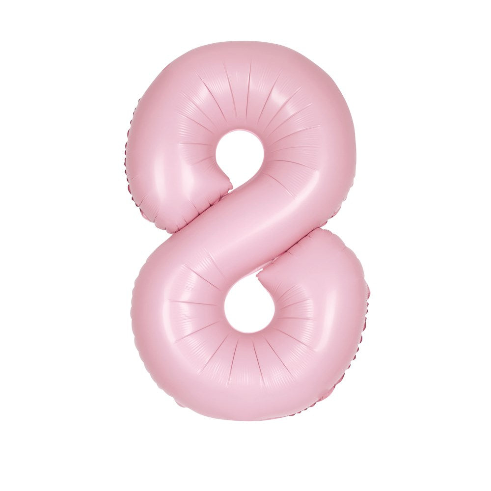 Matte pastel pink foil balloon shaped as the number 8, 34 inches tall.