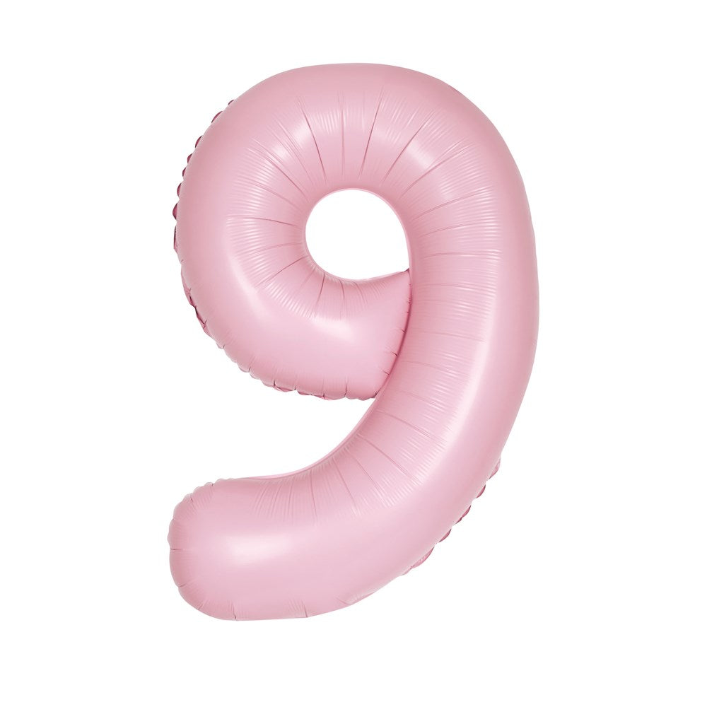 Matte pastel pink foil balloon shaped as the number 9, 34 inches tall, shiny surface.