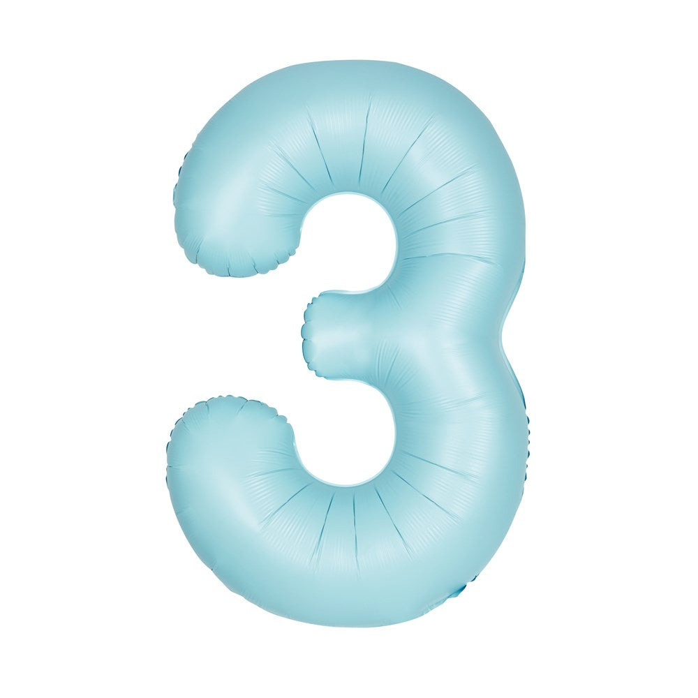 Matte pastel blue foil balloon shaped as the number 3, 34 inches tall, inflated and shiny.