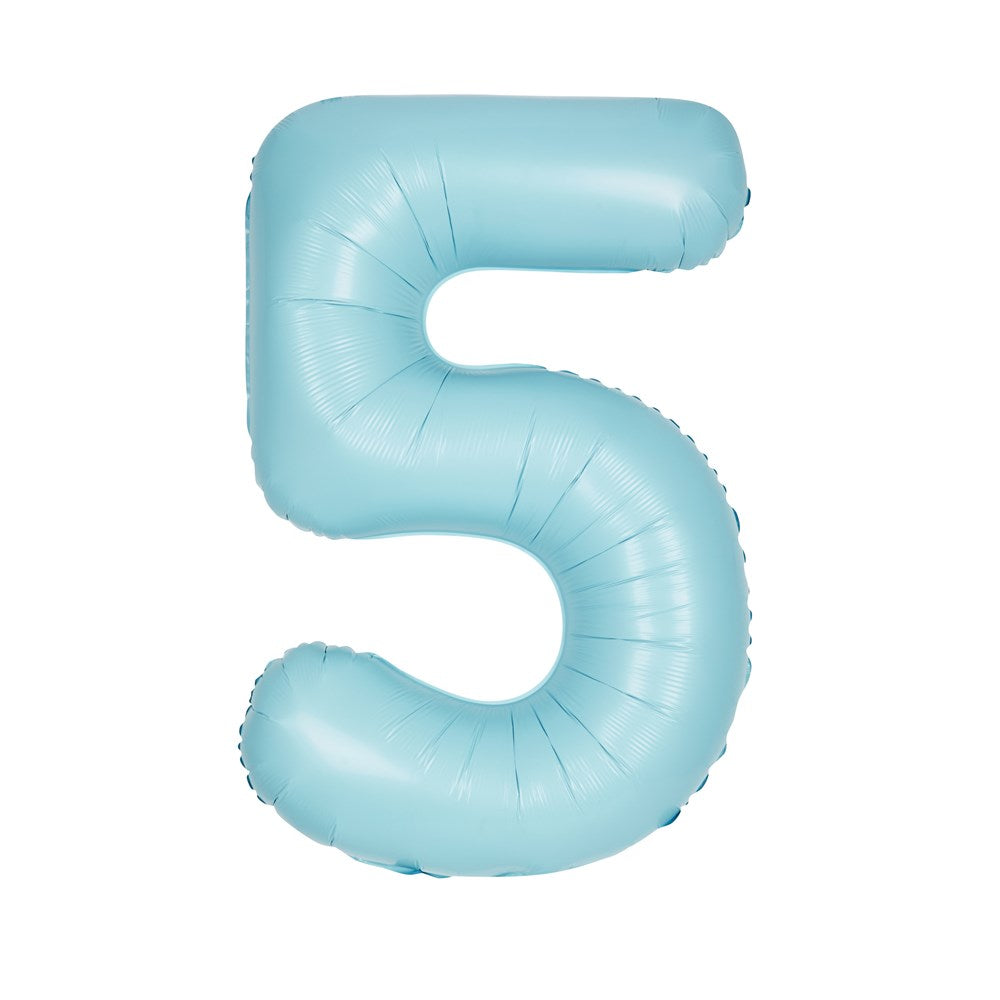 Matte pastel blue jumbo foil balloon shaped as the number 5, 34 inches tall.