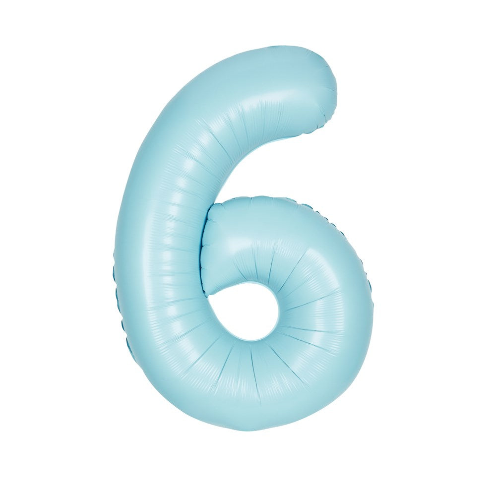 Matte pastel blue foil balloon shaped as the number 6, 34 inches tall.