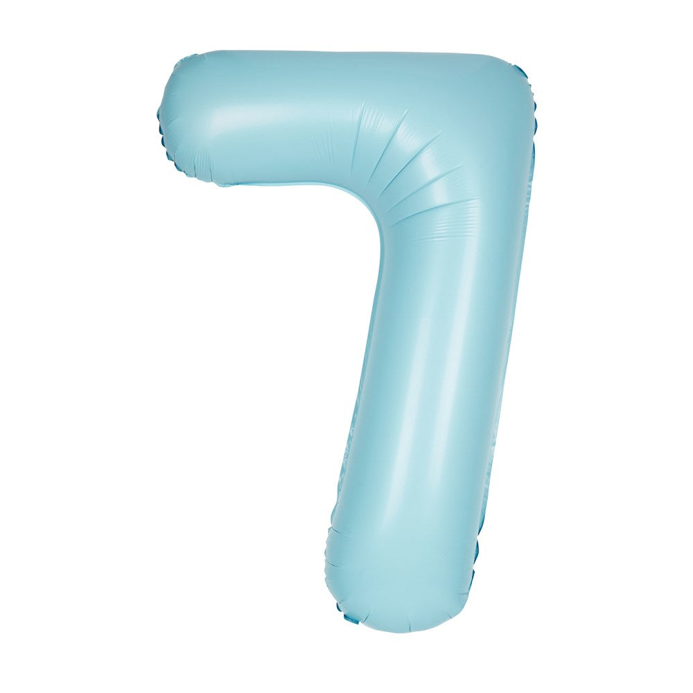 Matte pastel blue foil balloon shaped as the number 7, 34 inches tall, jumbo size.