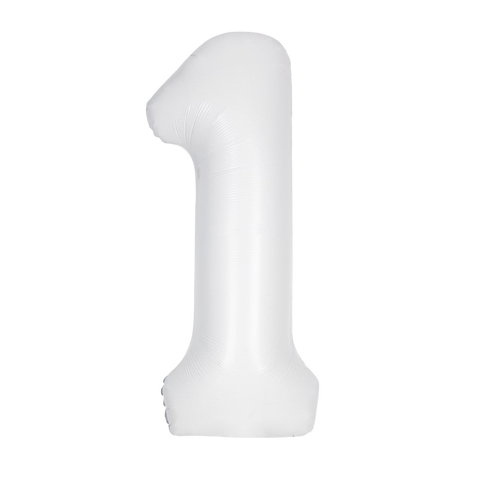 Jumbo 34-inch foil balloon shaped as number 1 in matte white finish.