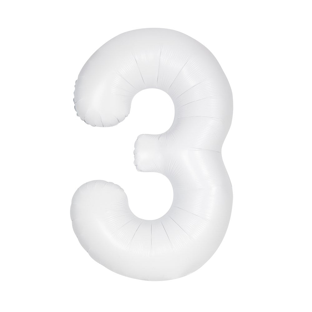 Matte white jumbo foil balloon shaped as number 3, 34 inches tall.