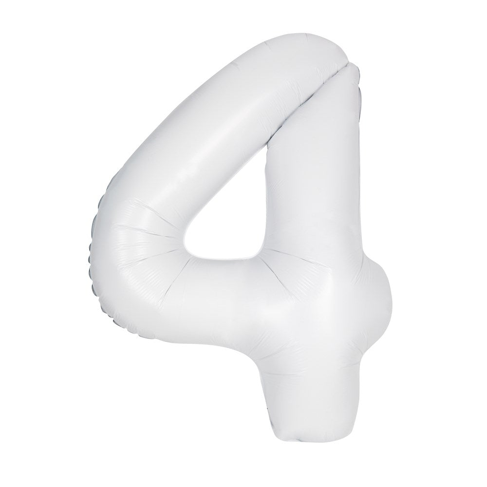Matte white foil balloon shaped as number 4, 34 inches tall, inflated and smooth surface.