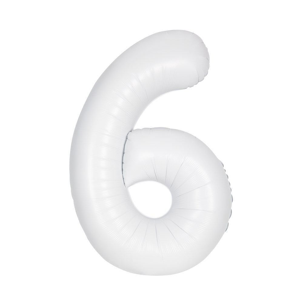 Matte white foil balloon shaped as the number 6, 34 inches tall, inflated and smooth.
