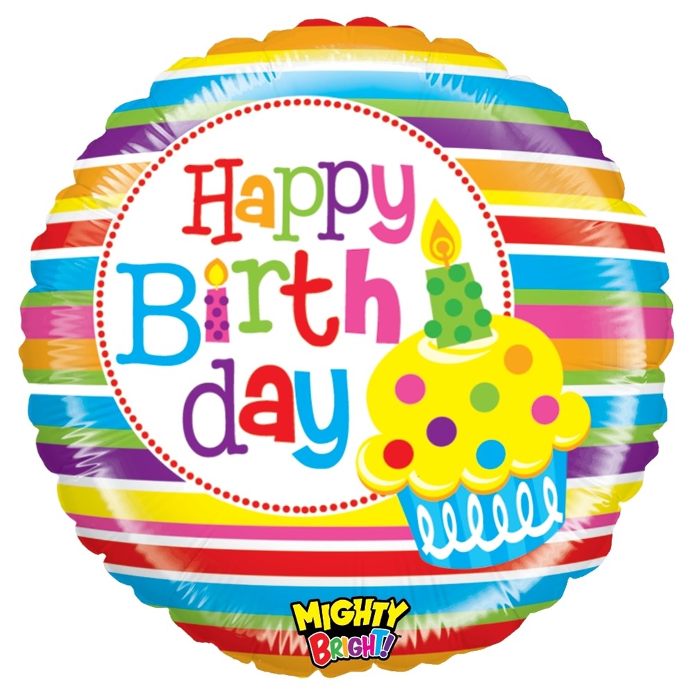 Round foil balloon with colorful horizontal stripes and a cupcake illustration, "Happy Birthday" text in bright letters, 21.