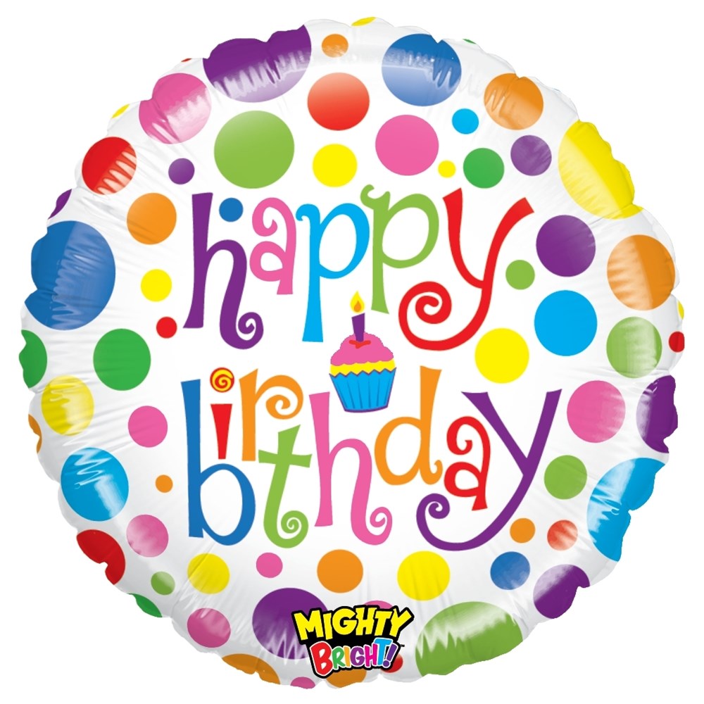 Round white foil balloon with multicolored polka dots and "happy birthday" in bright, whimsical letters with a cupcake icon.