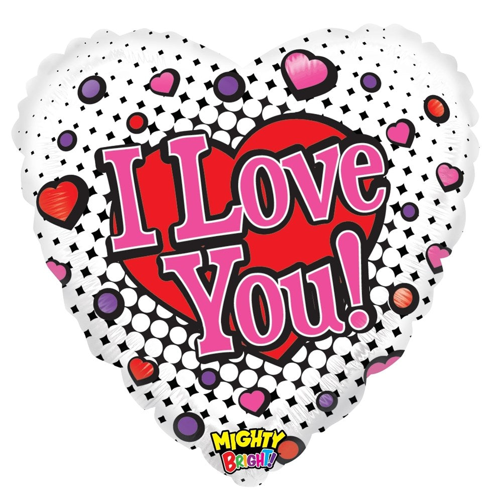 Heart-shaped foil balloon with "I Love You!" text in pink and red, decorated with colorful hearts and polka dots.