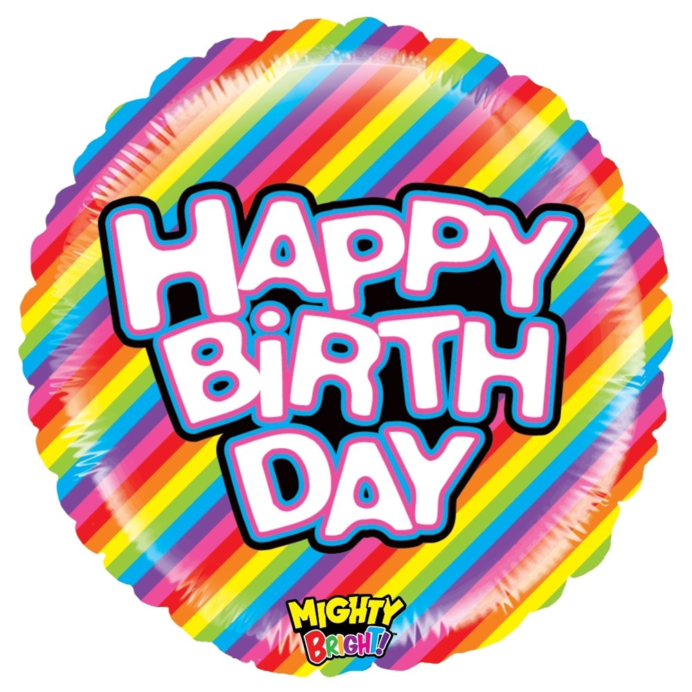 Round foil balloon with a vibrant rainbow striped background and bold "Happy Birthday" text in white and pink outlined in.