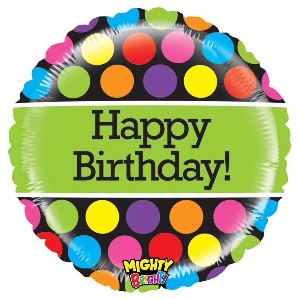 Round black foil balloon with colorful polka dots and green banner reading Happy Birthday!